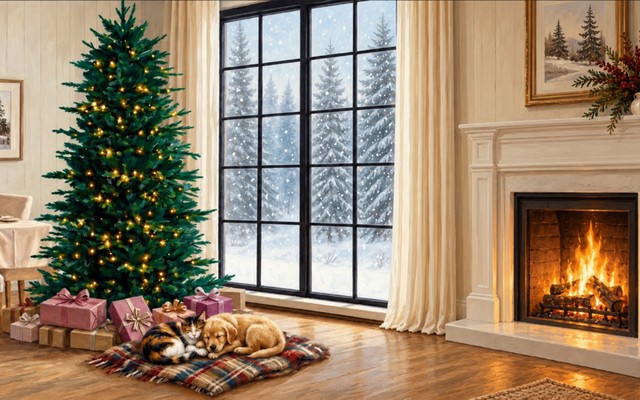 A cozy Christmas room with a white fireplace and decorated tree